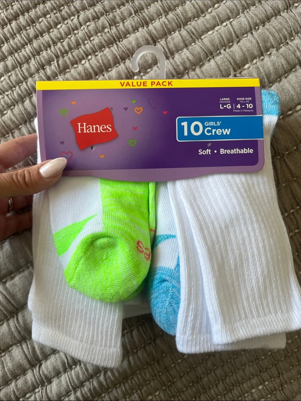 NWT Hanes Girls' Crew Socks 9 pairs, White w Neon Accents